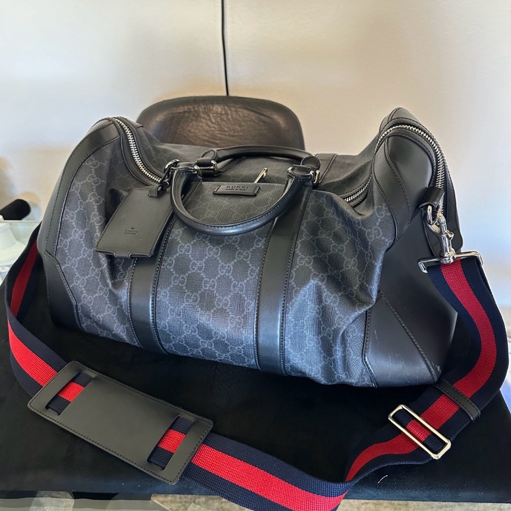 Gucci GG Supreme Soft Canvas Carry On Duffle Bag Leather Trim